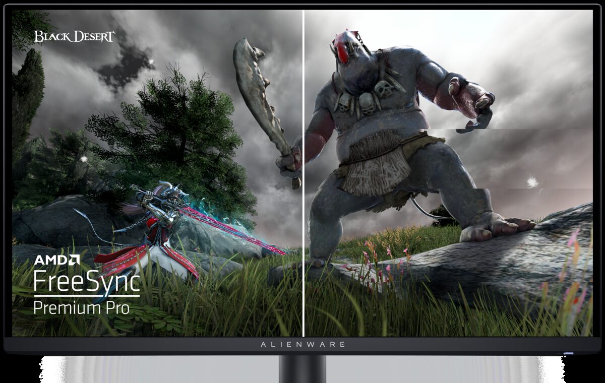 Игровой монитор Dell AW2725DF с изображением игры Black Desert и логотипом AMD на экране.
