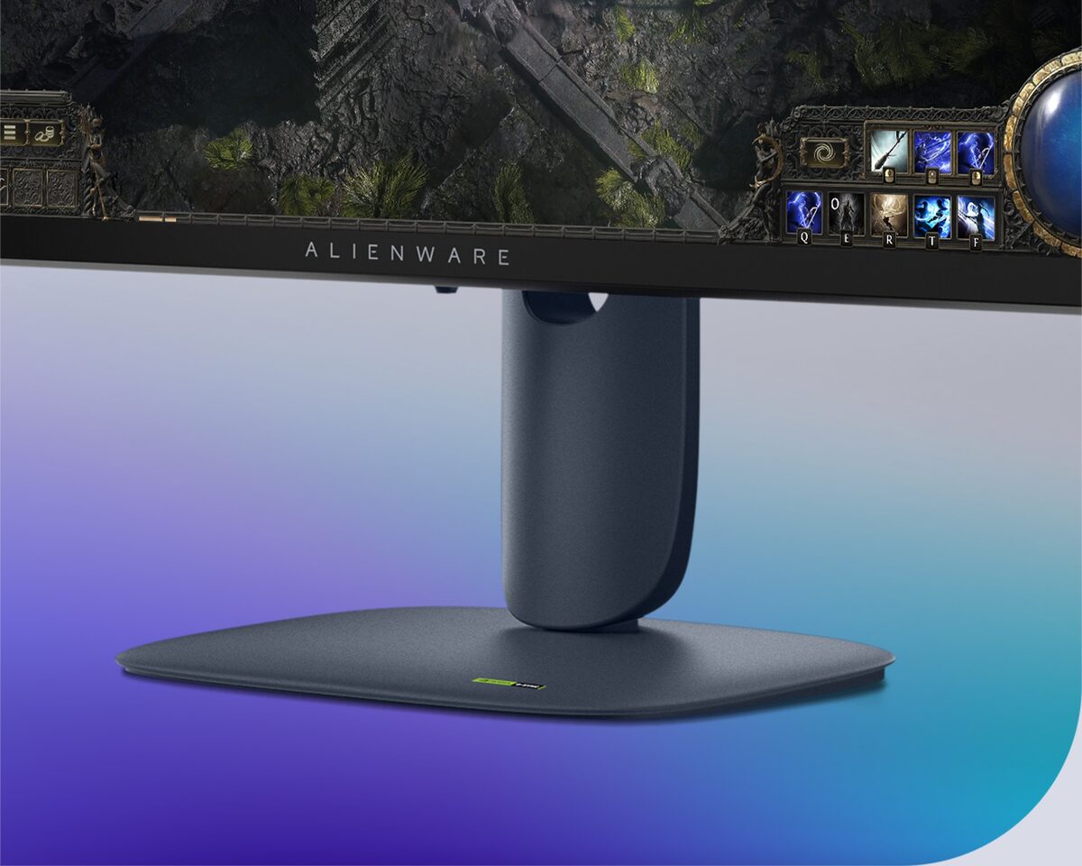 Крупный план нижней части экрана игрового монитора Alienware 27 и подставки.