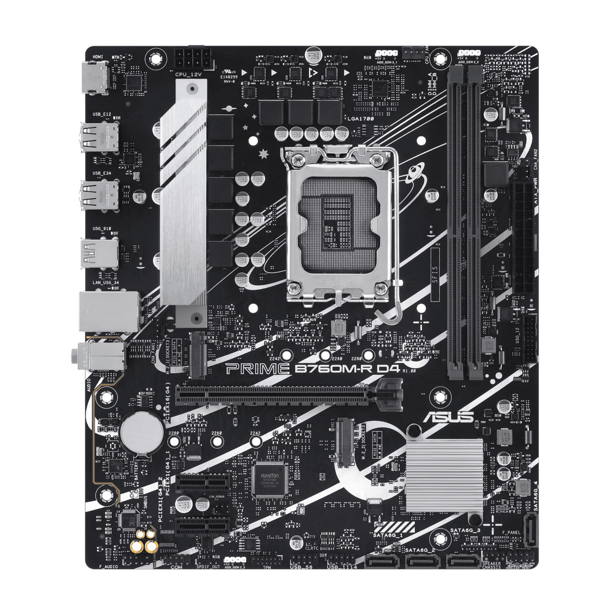 Intel B760 (LGA 1700) mATX motherboard, PCIe 4.0, two M.2 slots, DDR4, Realtek 2.5Gb Ethernet, HDMITM, SATA 6 Gbps, front USB 5Gbps ports, Aura Sync