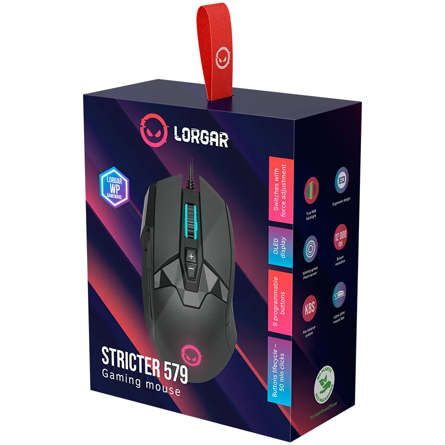 LORGAR Stricter 579, gaming mouse, 9 programmable buttons, Pixart PMW3336 sensor, DPI up to 12 000, 50 million clicks buttons lifespan, 2 switches, built-in display, 1.8m USB soft silicone cable, Matt UV coating with glossy parts and RGB lights with 4 LED – купить недорого с доставкой по Алматы и Казахстану фото 9
