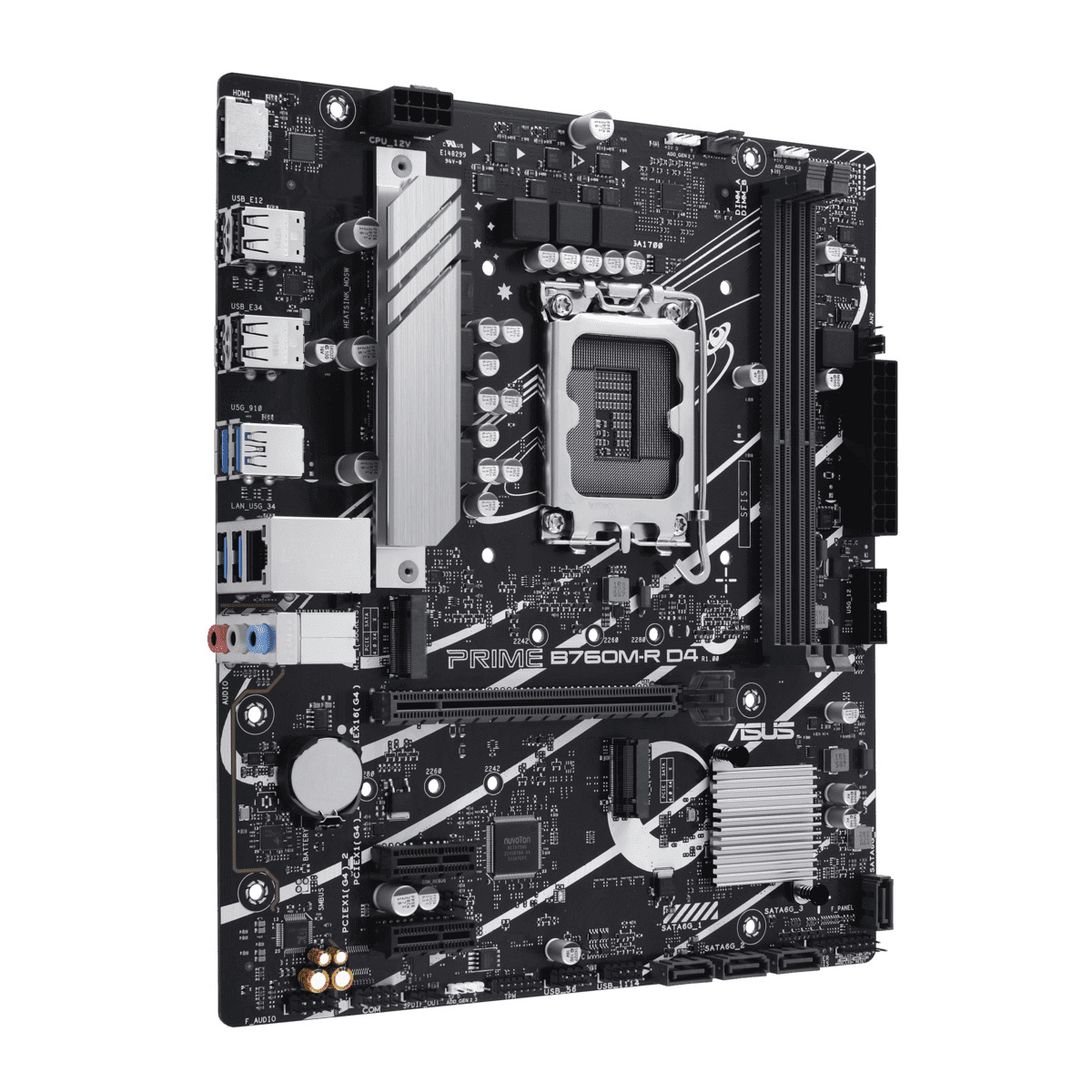 Intel B760 (LGA 1700) mATX motherboard, PCIe 4.0, two M.2 slots, DDR4, Realtek 2.5Gb Ethernet, HDMITM, SATA 6 Gbps, front USB 5Gbps ports, Aura Sync