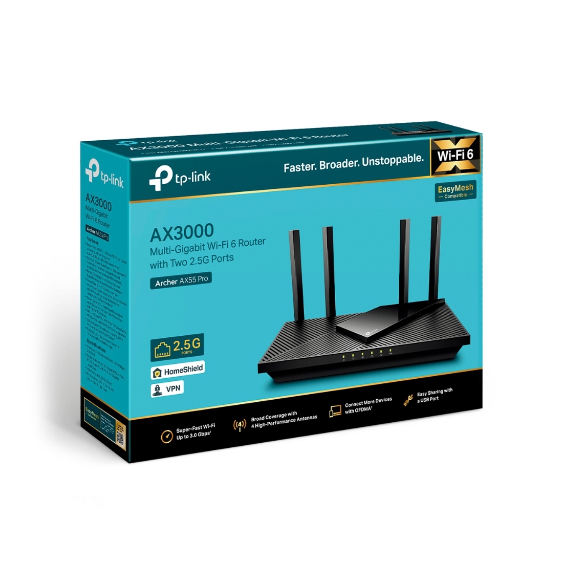 Wi-Fi роутер TP-Link Archer AX55 Pro, Wi-Fi 6 AX3000, 2.4/5 ГГц, 1×WAN/LAN 2.5 Гбит/с + 1×WAN/LAN 1 Гбит/с + 3×LAN 1 Гбит/с – купить недорого с доставкой по Алматы и Казахстану