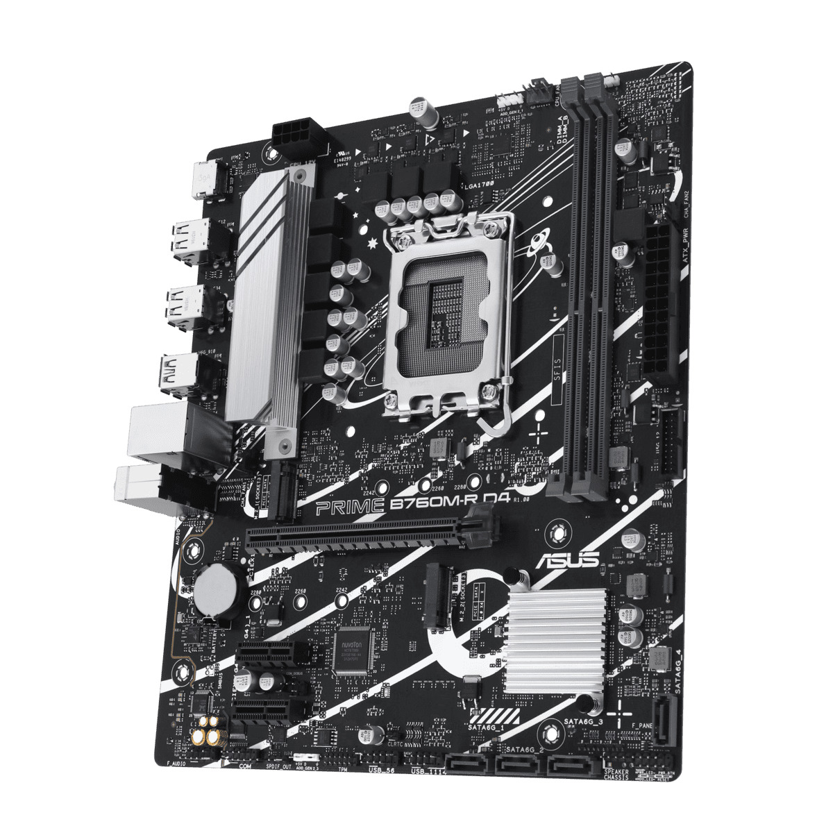 Intel B760 (LGA 1700) mATX motherboard, PCIe 4.0, two M.2 slots, DDR4, Realtek 2.5Gb Ethernet, HDMITM, SATA 6 Gbps, front USB 5Gbps ports, Aura Sync