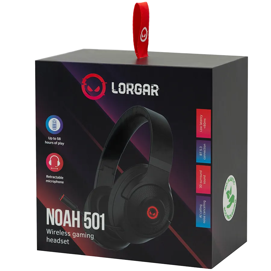 LORGAR Noah 501, gaming bluetooth headset with microphone, BT 5.3 JL7006, battery 1000mAh, type-C charging cable 0.8m, audio cable 1.5m, size:195*185*80mm, 0.28kg. Black – купить недорого с доставкой по Алматы и Казахстану фото 5