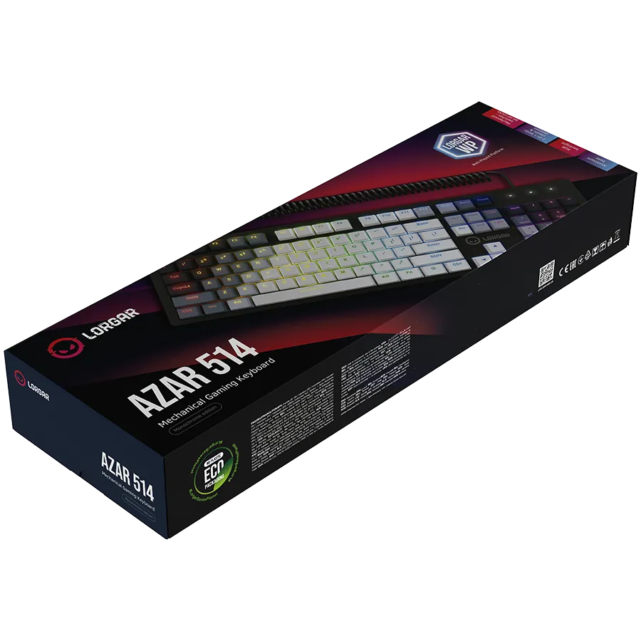 LORGAR Azar 514, Wired mechanical gaming keyboard, RGB backlight, 1680000 colour variations, 18 modes, keys number: 104, 50M clicks, linear dream switches, spring cable up to 3.4m, ABS plastic+metal, magnetic cover, 450*136*39mm, 1.17kg, white, EN+RU layo – купить недорого с доставкой по Алматы и Казахстану фото 7