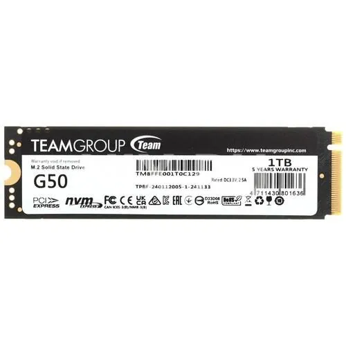 Твердотельный накопитель TeamGroup G50, 1Tb, M2, PCIe 4.0 x4, NVMe 1.4, 5000/4800Mb/s,TM8FFE001T0C129