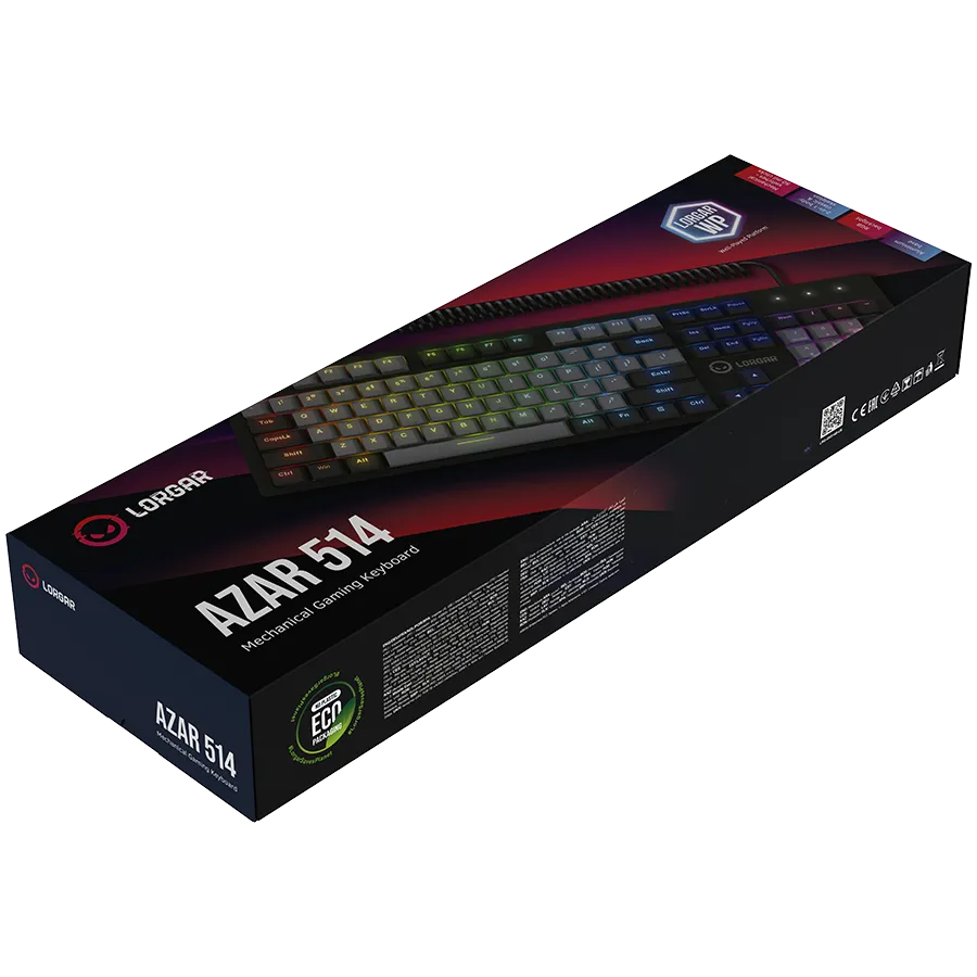 LORGAR Azar 514, Wired mechanical gaming keyboard, RGB backlight, 1680000 colour variations, 18 modes, keys number: 104, 50M clicks, linear dream switches, spring cable up to 3.4m, ABS plastic+metal, magnetic cover, 450*136*39mm, 1.17kg, black, EN+RU layo – купить недорого с доставкой по Алматы и Казахстану фото 8