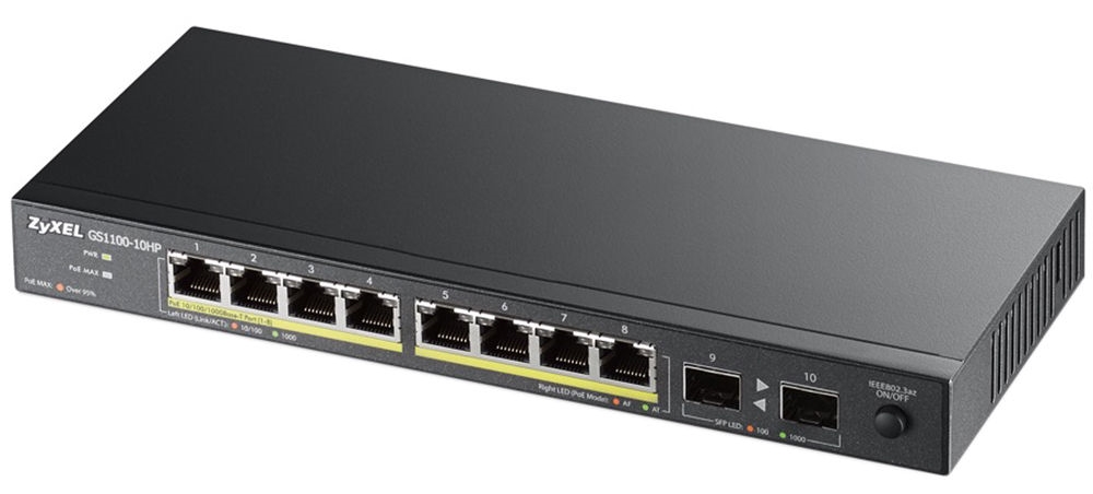 Коммутатор ZyXEL GS1100-10HP-EU0102F, 8 портов, 2×SFP, PoE+, неуправляемый — купить в Казахстане | neom.kz